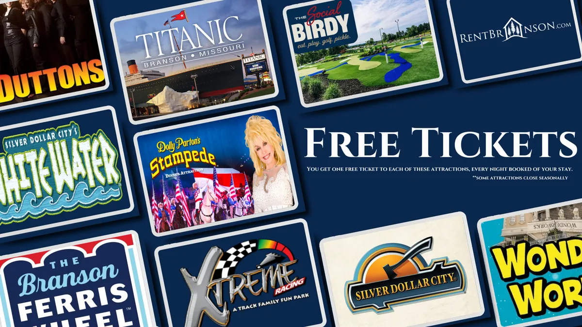 A vibrant interior display featuring attraction logos, the prominent text 'FREE TICKETS,' and colorful images of local theme parks and activities. The scene evokes excitement and highlights the area's family-friendly entertainment options.